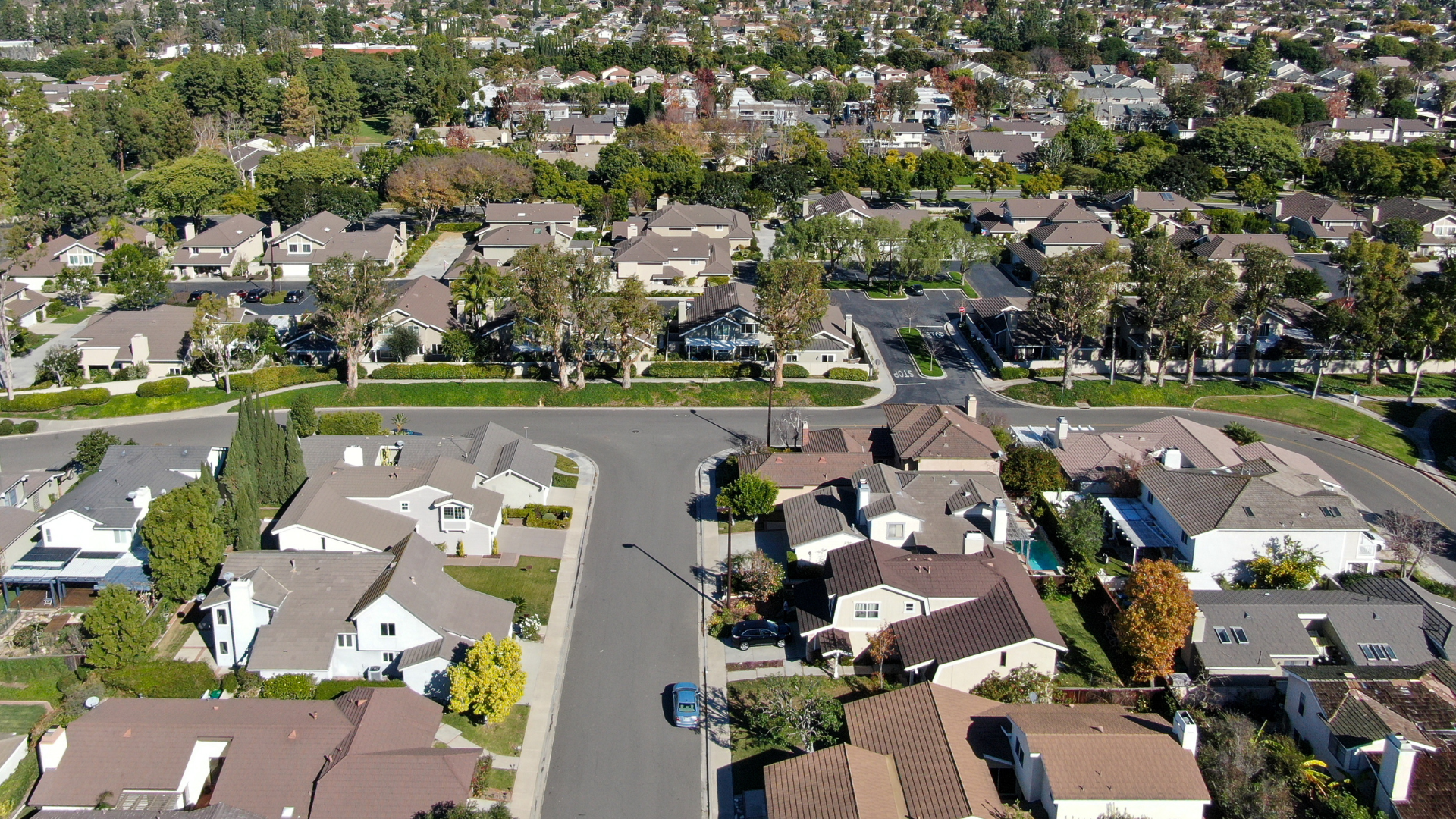 Aerial view of a neighborhood of houses